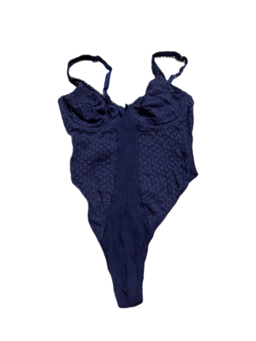 80s European Vintage Triumph Dot Lace Panel Bodysuit Lingerie Dark Blue Size S/M